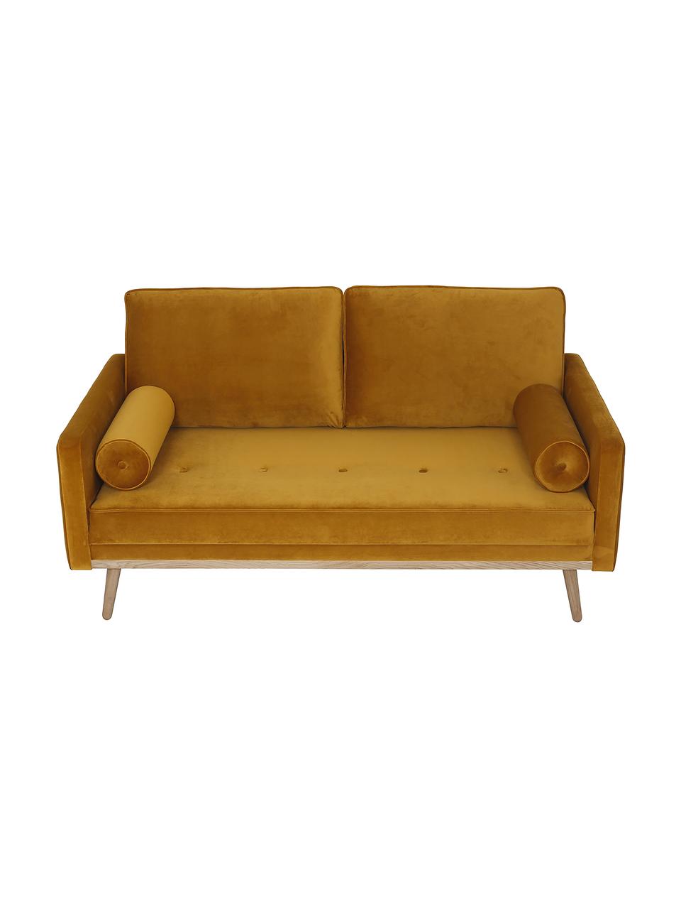Sofa z aksamitu z nogami z drewna dębowego Saint (2-osobowa), Tapicerka: aksamit (poliester) Dzięk, Musztardowy aksamit, S 169 x G 87 cm