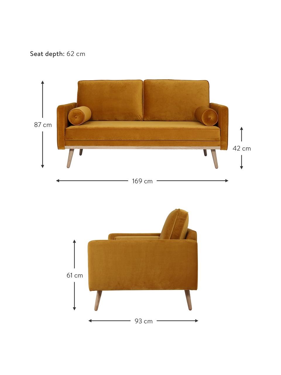 Sofá de terciopelo Saint (2 plazas), Tapizado: terciopelo (poliéster) Al, Estructura: madera de roble maciza, a, Terciopelo mostaza, An 169 x F 87 cm