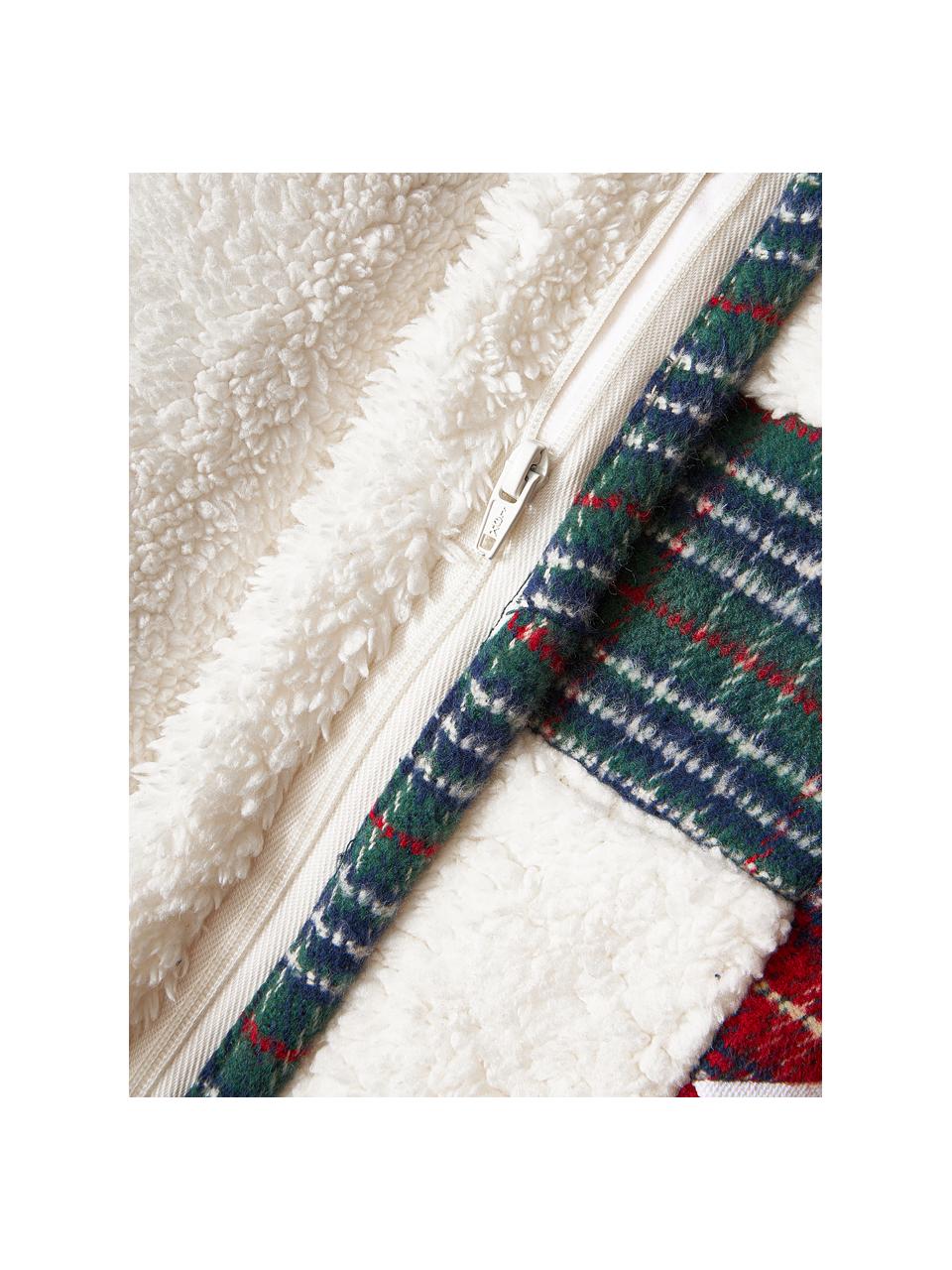Federa arredo in tessuto teddy con motivo natalizio Elijah, Bianco crema, rosso, Larg. 45 x Lung. 45 cm