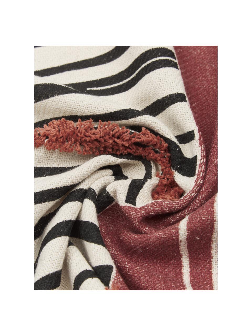 Plaid Dakar mit abstraktem Motiv und getufteten Verzierungen, 96% Baumwolle, 4% Elastan, Weiß, Rot, Schwarz, 125 x 150 cm