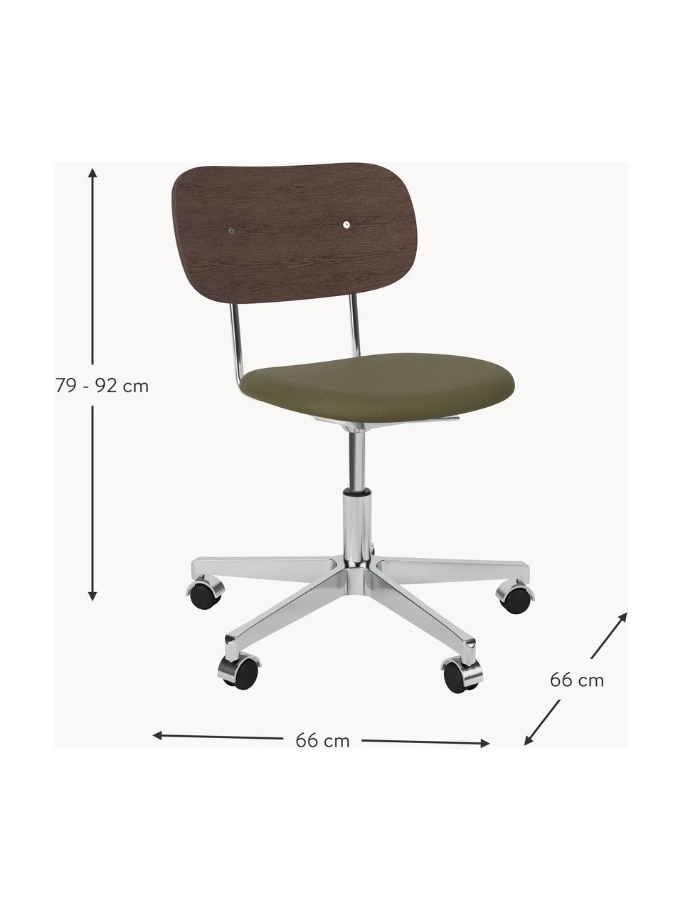 Leder-Schreibtischstuhl Co, höhenverstellbar, Bezug: Leder, Rückenlehne: Sperrholz, Leder Olivgrün, dunkles Holz, Silberfarben, B 66 x T 66 cm