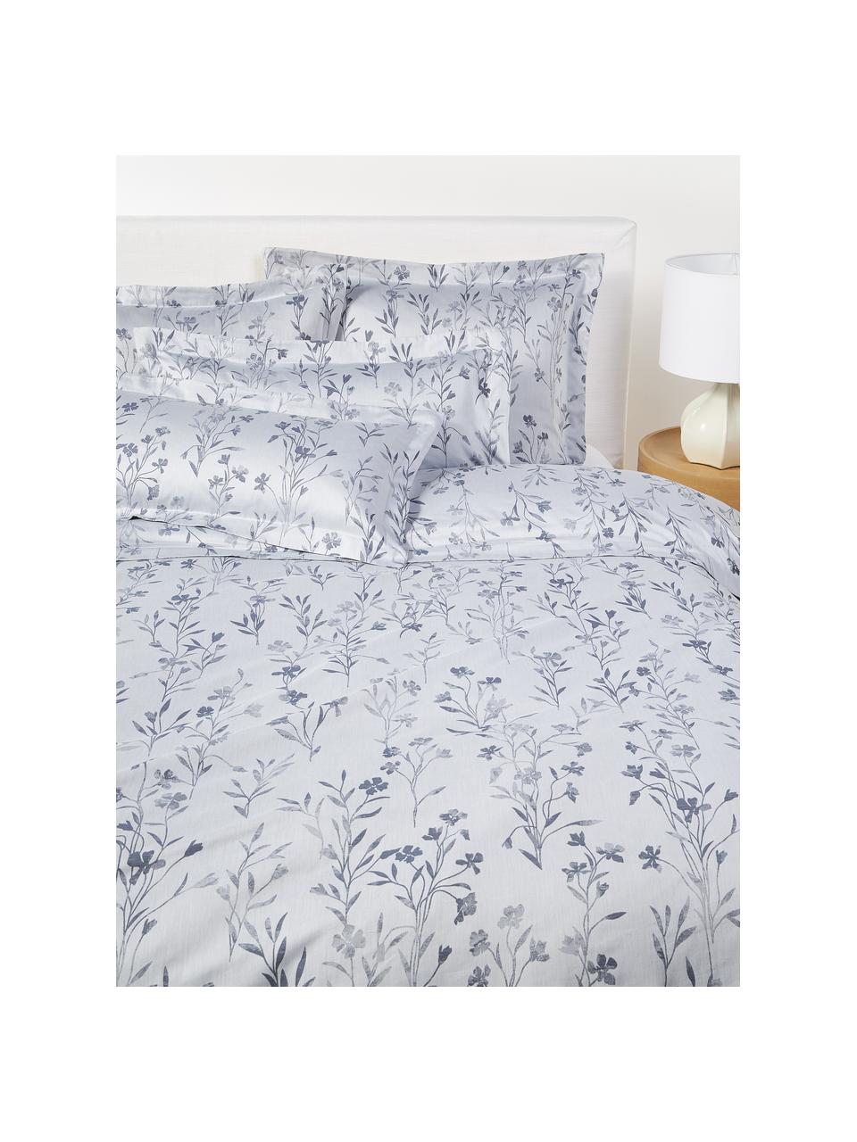 Housse de couette en satin de coton avec imprimé floral et ourlet Hurley, Bleu ciel, bleu, larg. 200 x long. 200 cm