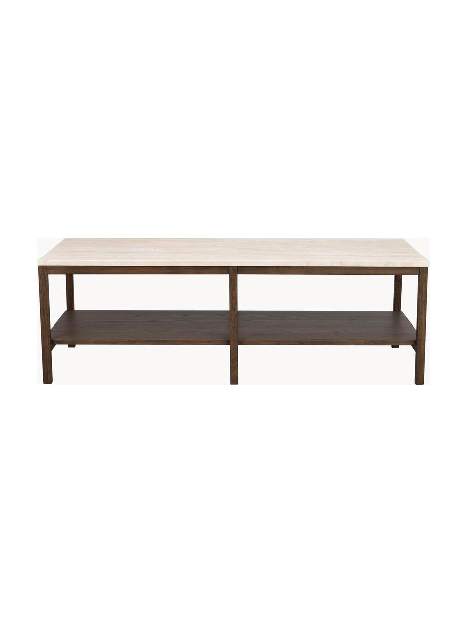 Grande table basse Orwel, Travertin beige clair, chêne foncé, larg. 140 x haut. 60 cm
