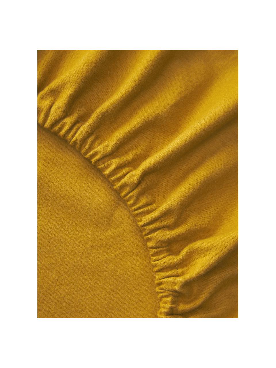 Lenzuolo con angoli boxspring in flanella Biba, Giallo senape, Larg. 200 x Lung. 200 cm, Alt. 35 cm