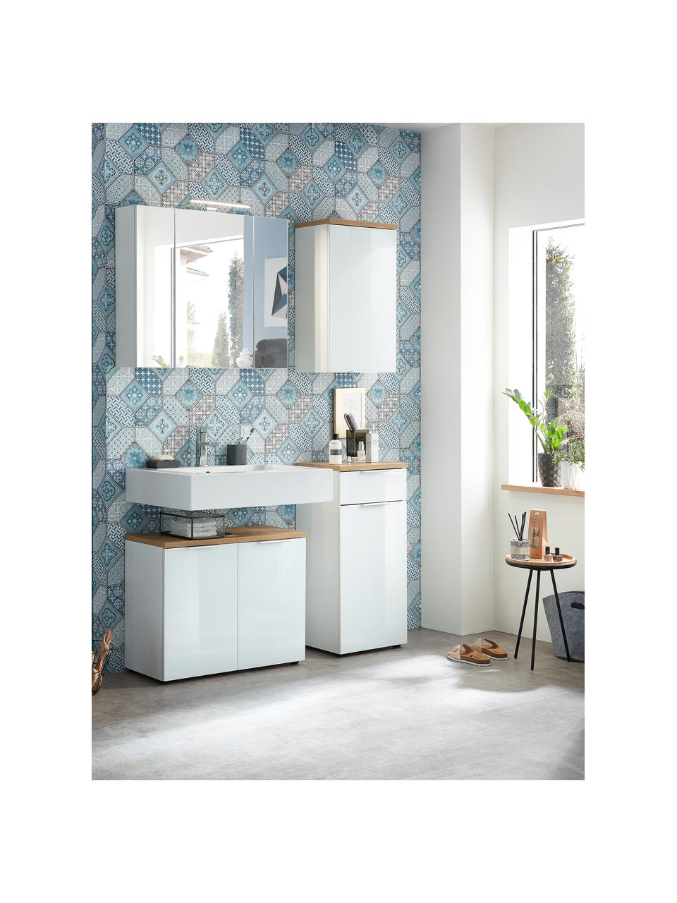 Badkamer wandkast Julian, B 39 cm, Frame: spaanplaat, melamine geco, Wit, houtkleurig, B 39 cm x H 69 cm