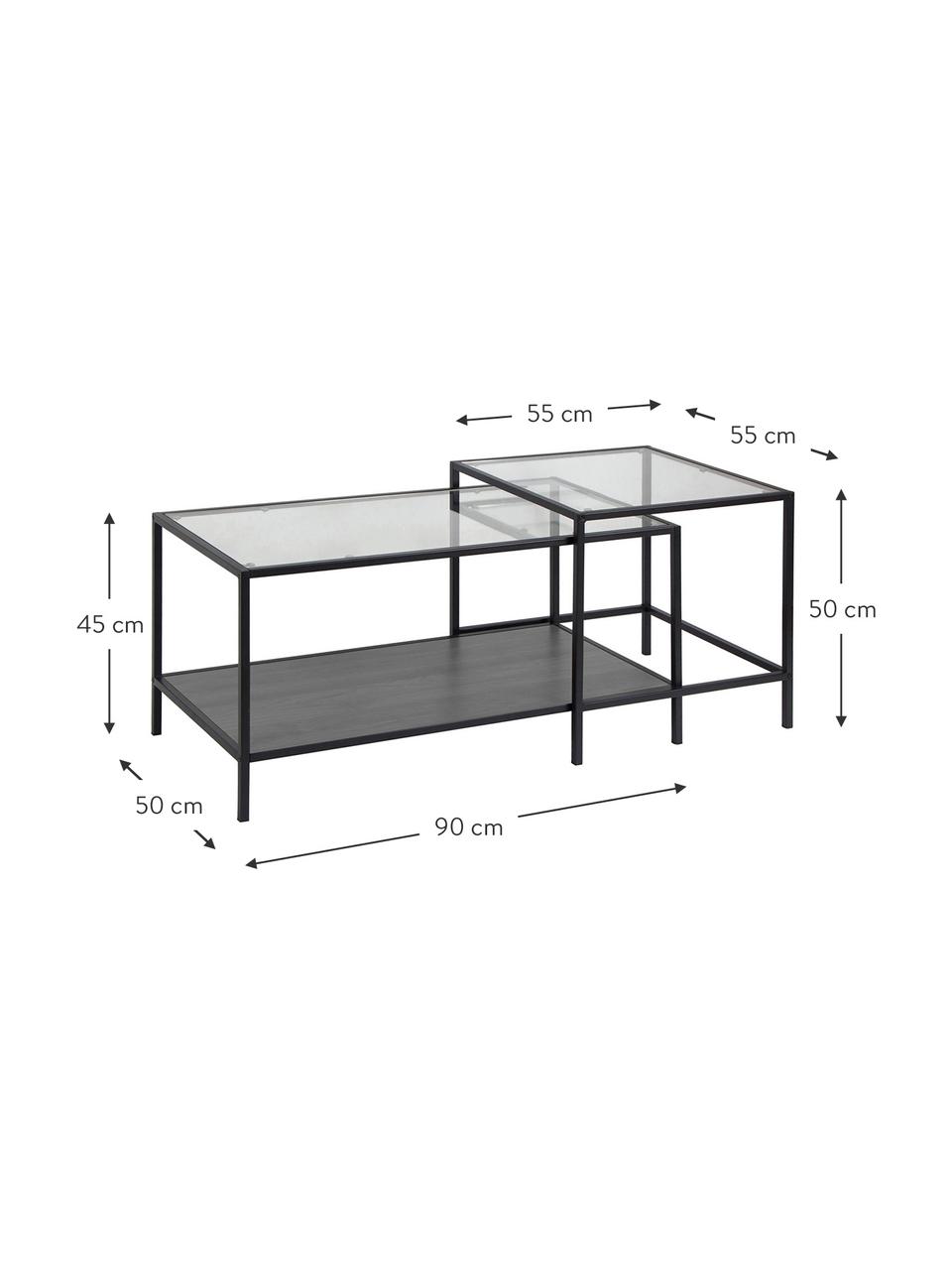 Table basse plateau en verre Seaford, 2 élém., Noir, transparent, Lot de différentes tailles