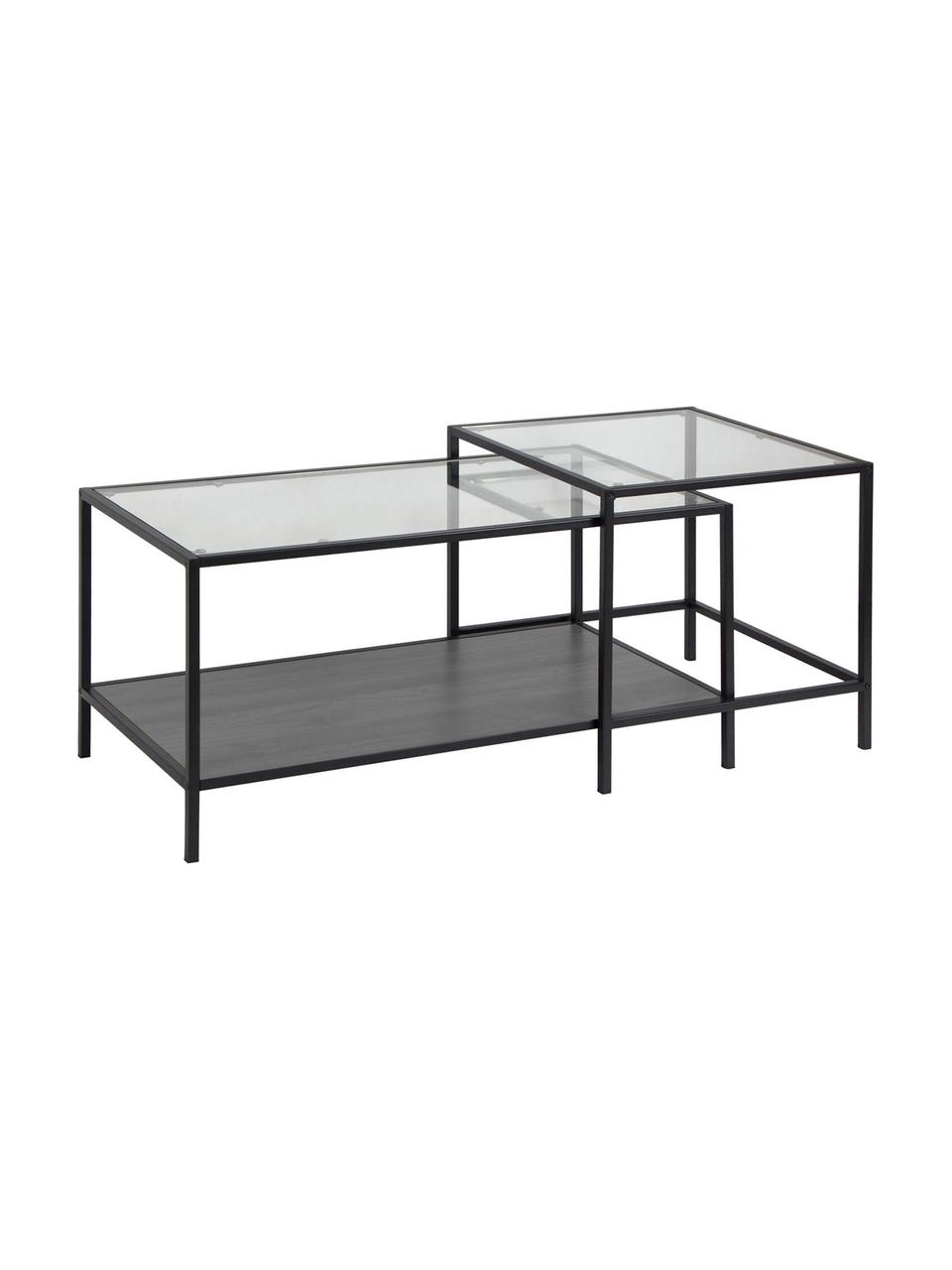 Set de mesa de centro Seaford, 2 uds. con, tableros de cristal, Estructura: metal, Tablero: vidrio, Estante: tablero de fibras de dens, Negro, transparente, An 90 x F 55 cm