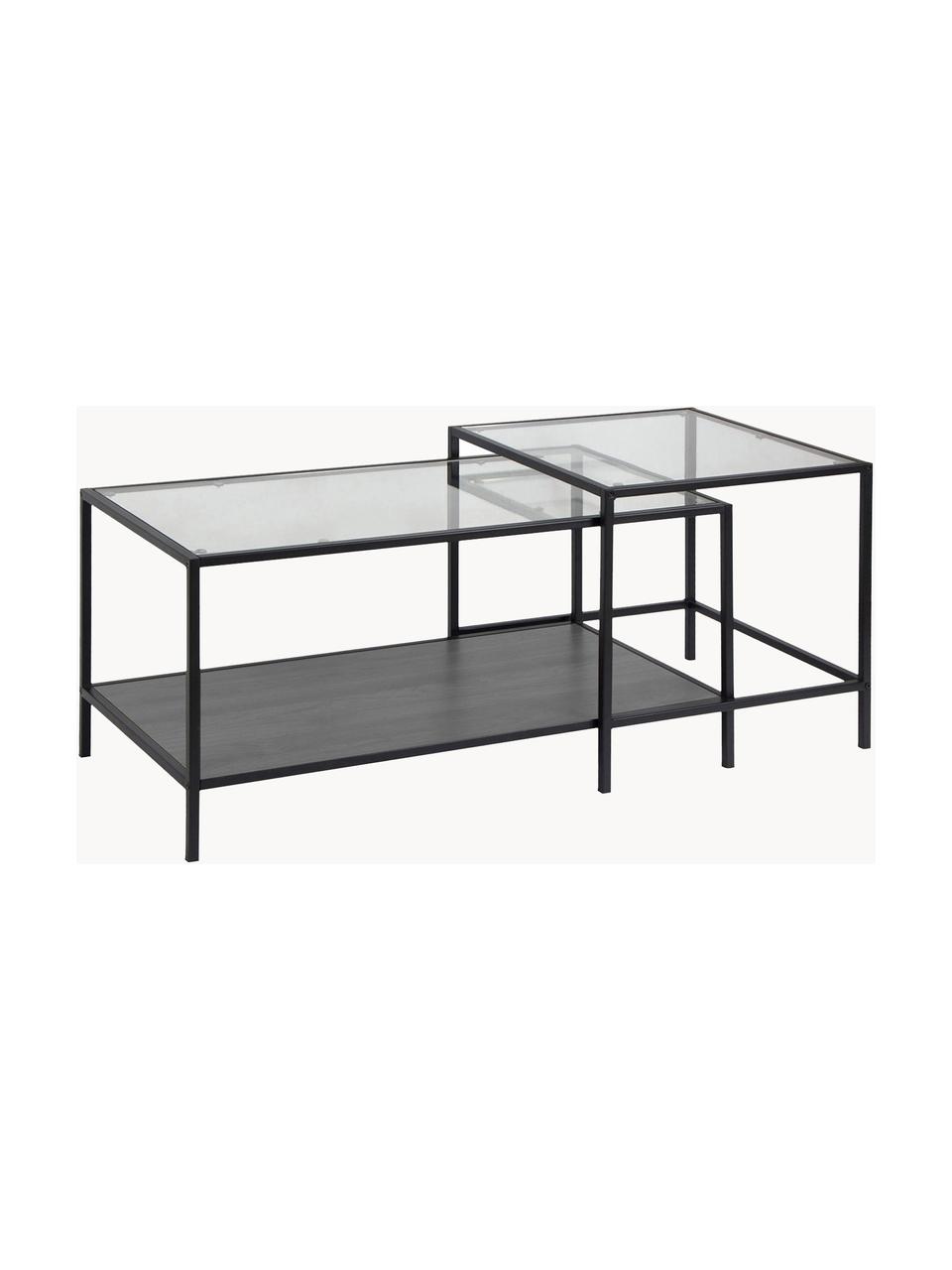 Set de mesa de centro Seaford, 2 uds. con, tableros de cristal, Estructura: metal con pintura en polv, Tablero: vidrio, Estante: tablero de fibras de dens, Negro, transparente, An 90 x F 55 cm