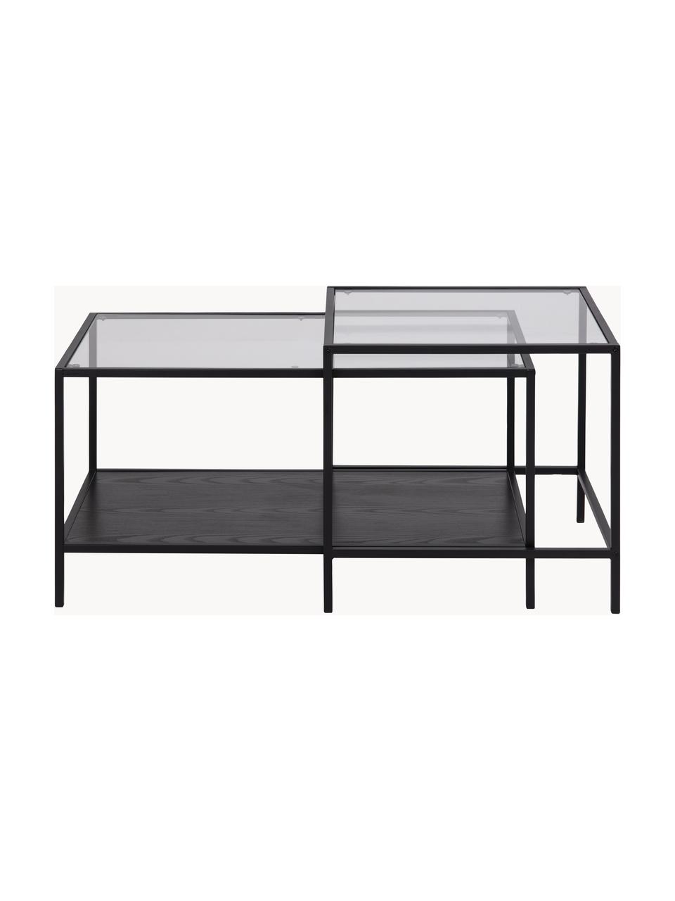 Set de mesa de centro Seaford, 2 uds. con, tableros de cristal, Estructura: metal con pintura en polv, Tablero: vidrio, Estante: tablero de fibras de dens, Negro, transparente, An 90 x F 55 cm