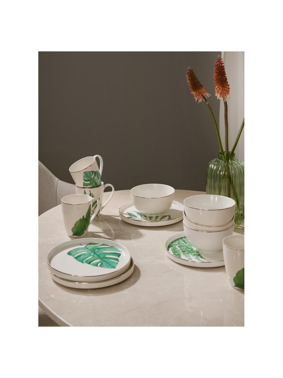 Súprava riadu s tropickým dizajnom Timba, 4 osoby (12 dielov), Fine Bone China (porcelán)
Mäkký porcelán, ktorý sa vyznačuje predovšetkým žiarivým, priehľadným leskom, Biela, zelená, odtiene zlatej, Súprava s rôznymi veľkosťami