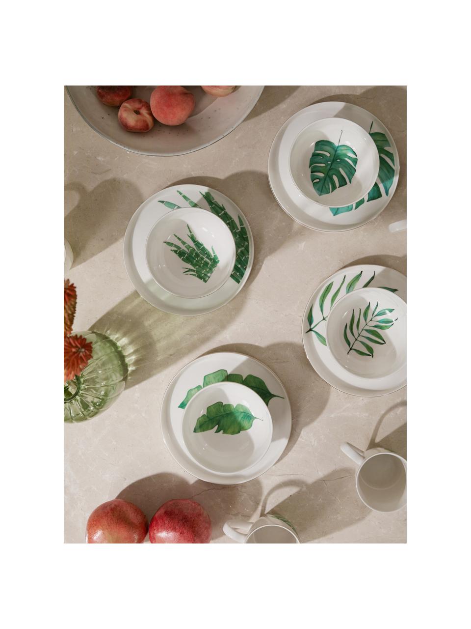 Fine Bone China serviesset Timba met tropisch design, 12-delig, Beenderporselein (porselein)
Fine Bone China is een zacht porselein, dat zich vooral onderscheidt door zijn briljante, doorschijnende glans., Wit, groen, goudkleurig, Set met verschillende formaten