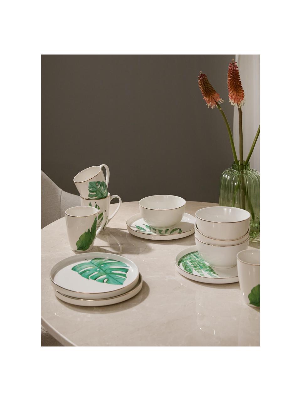 Súprava riadu s tropickým dizajnom Timba, 4 osoby (12 dielov), Fine Bone China (porcelán)
Mäkký porcelán, ktorý sa vyznačuje predovšetkým žiarivým, priehľadným leskom, Biela, zelená, Súprava s rôznymi veľkosťami