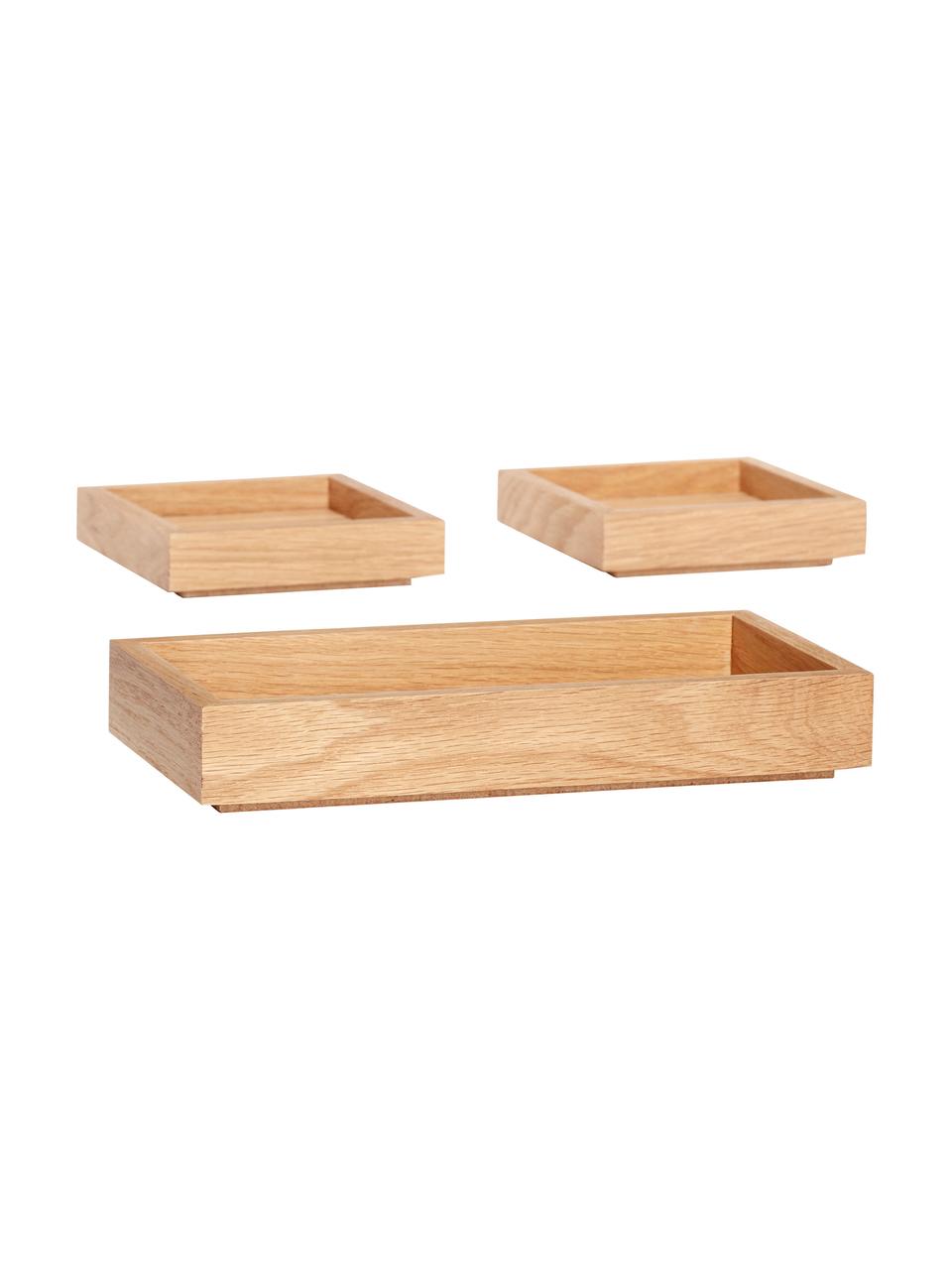 Set 3 scatolette impilabili Klara, Finitura in legno di quercia, legno di quercia, certificato FSC, Marrone, Set in varie misure