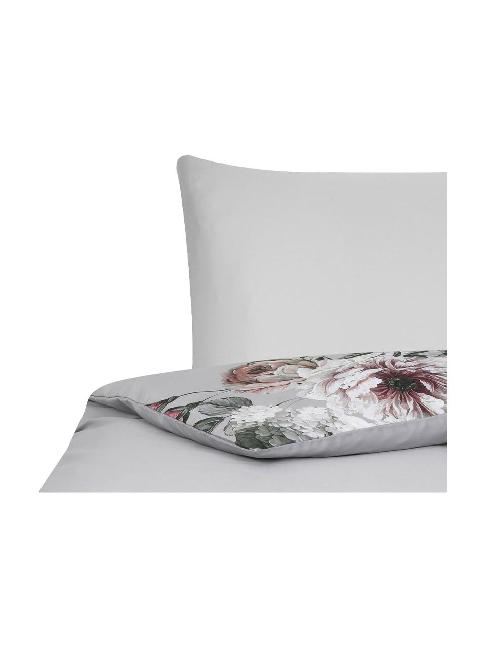 Housse de couette en satin de coton Blossom, Gris, motif floral, larg. 140 x long. 200 cm