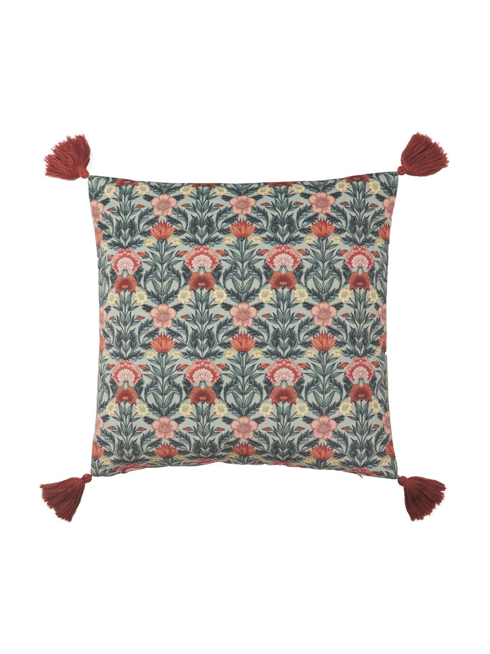 Fluwelen kussenhoes Pari met bloemenpatroon en kwastjes, Kwastjes: 100 % katoen, Saliegroen,rood,geel, B 45 x L 45 cm