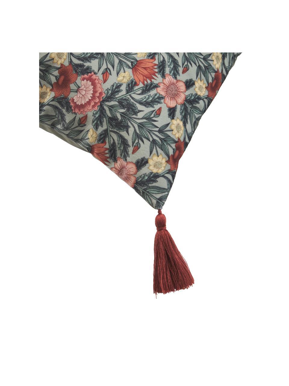 Housse de coussin en velours avec motif floral et houppes Pari, Multicolore, larg. 45 x long. 45 cm