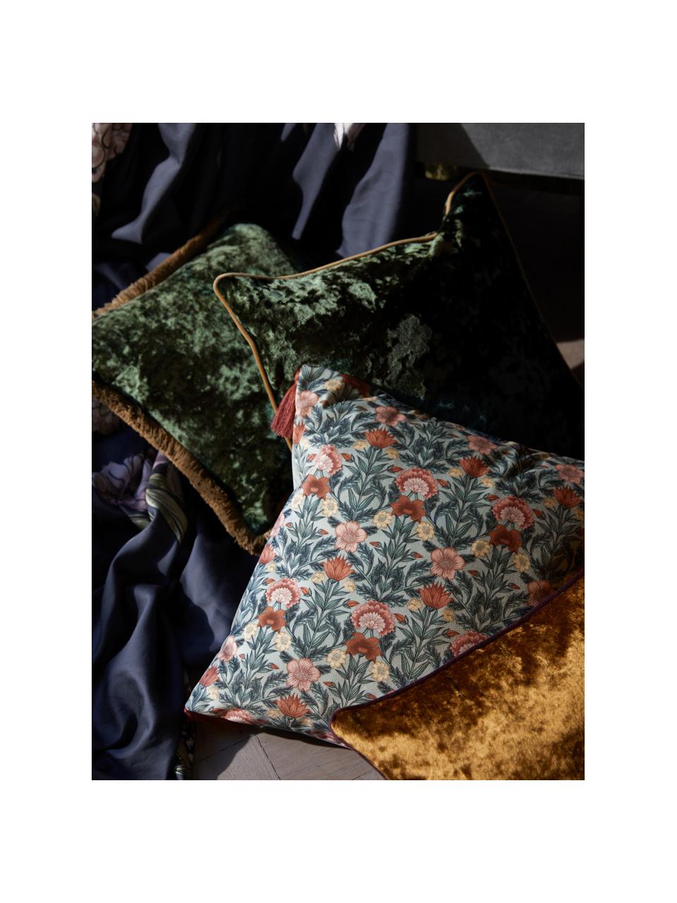 Federa arredo in velluto blu scuro con motivo floreale e nappe Pari, Verde salvia, rosa, giallo, Larg. 45 x Lung. 45 cm