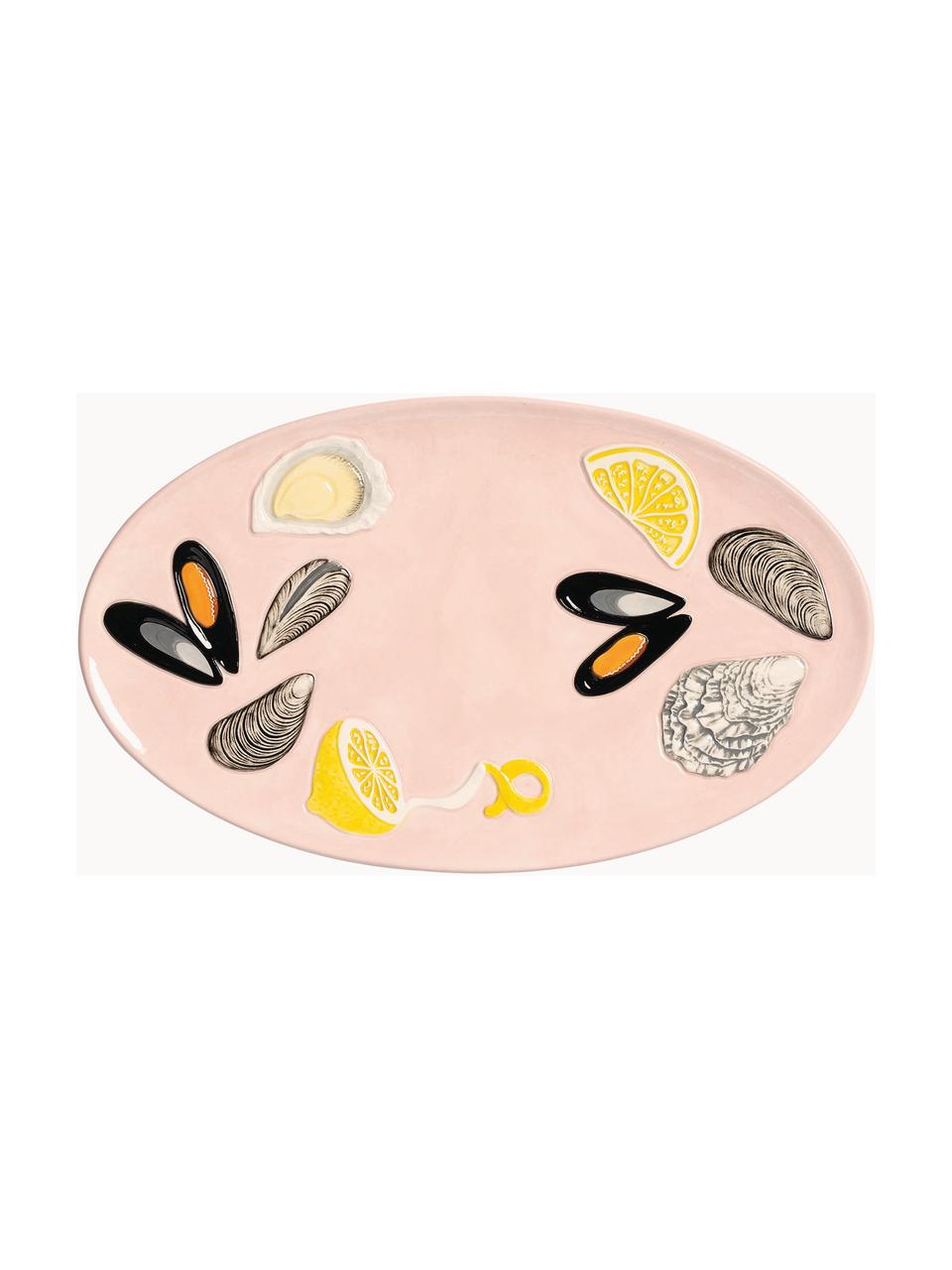 Ručně malovaný servírovací talíř z dolomitu De La Mert, Dolomit, glazovaný, Světle růžová, citronově žlutá, černá, Š 33 cm, H 20 cm