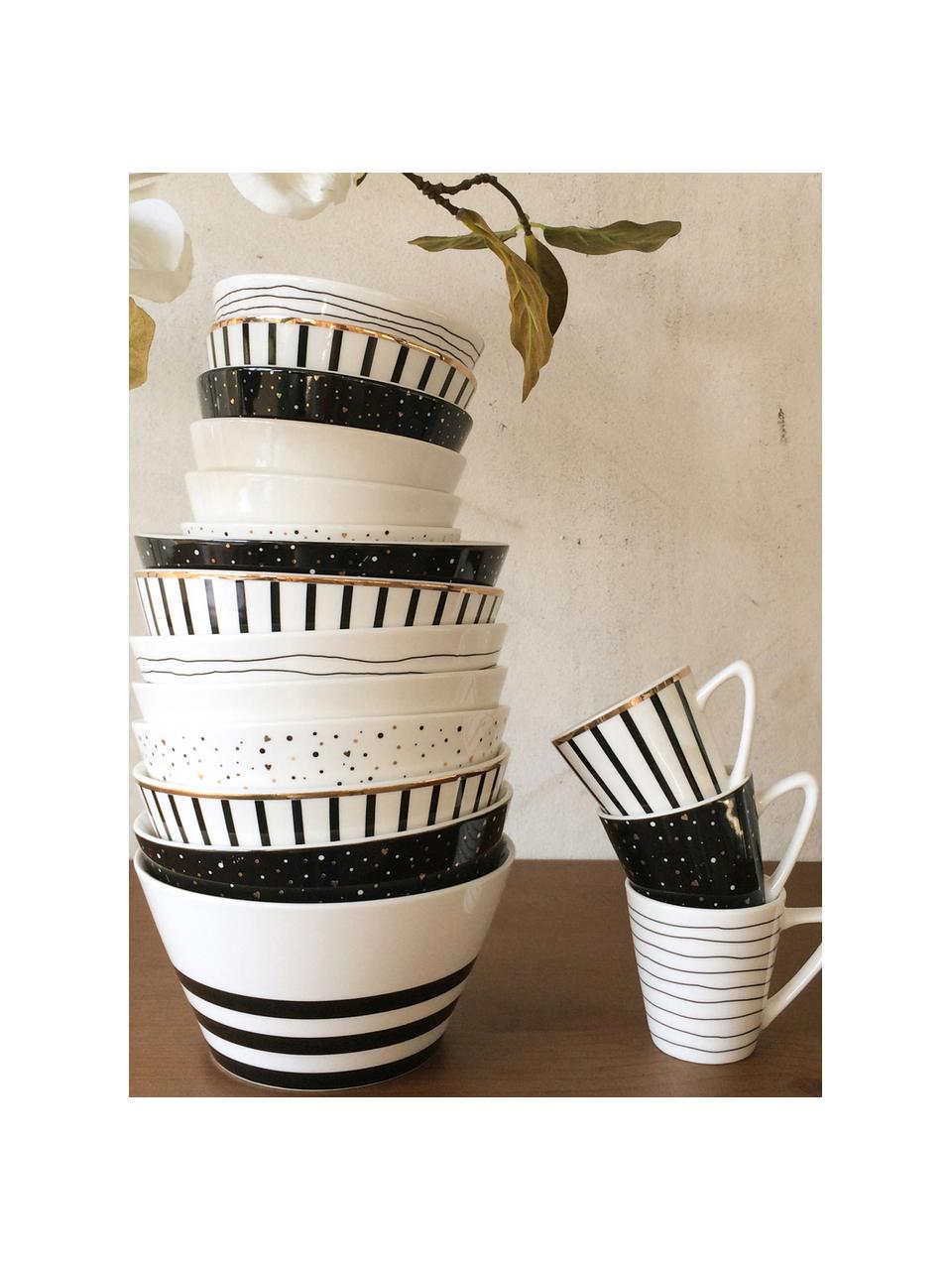 Kleine schalen Pluto Loft met streepdecoratie en goudkleurige rand, 4 stuks, Porselein, Zwart, wit met goudkleurige rand, Ø 10 x H 6 cm