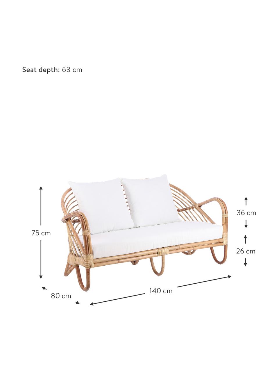 Rattan-Loungesofa Rochester, Gestell: Rattan, Bezug: Polyester, Hellbraun, Weiss, B 140 x T 80 cm