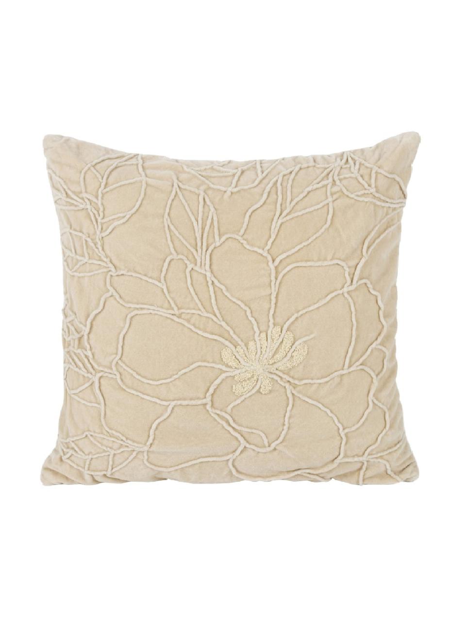 Fluwelen kussen Flower met structuur-patroon en borduurwerk, met vulling, Beige, 45 x 45 cm