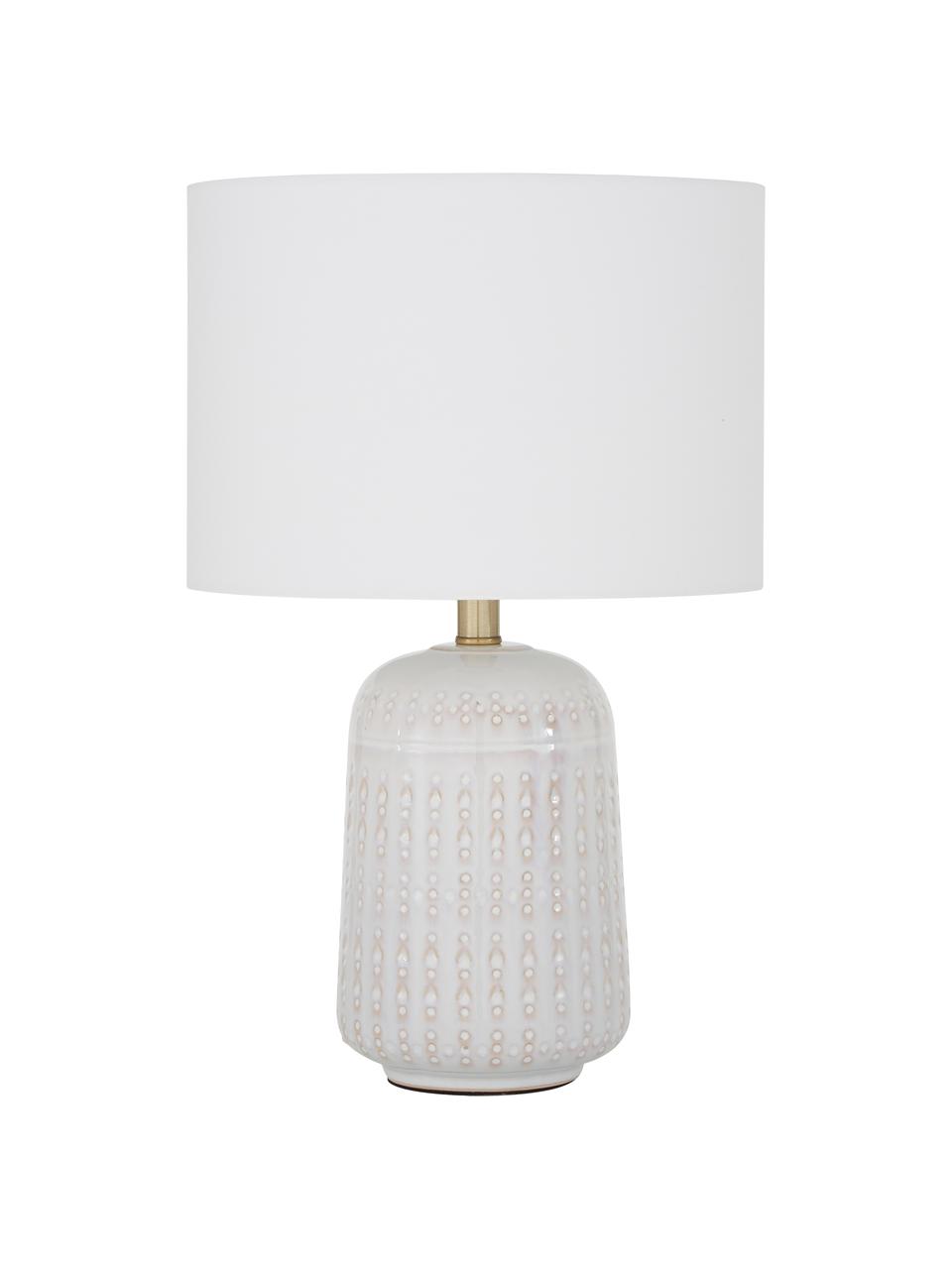 Große Keramik-Tischlampe Iva, Lampenschirm: Textil, Lampenfuß: Keramik, Weiß, Messingfarben, Ø 33 x H 53 cm