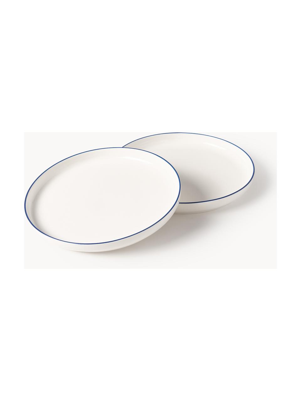 Assiettes plates en porcelaine Facile, 2 pièces, Porcelaine robuste de haute qualité (env. 50 % kaolin, 25 % quartz et 25 % feldspath), Blanc cassé avec bordure bleu foncé, Ø 25 x haut. 3 cm