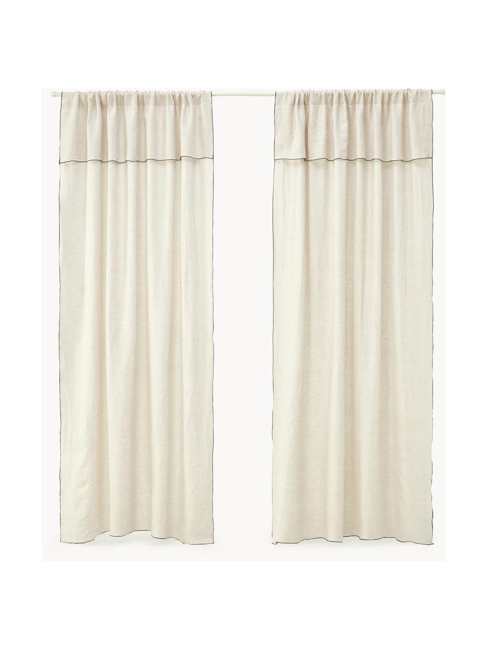 Cortinas semitransparente de lino con dobladillo Eleonara, 2 uds., 100% lino, Off White, negro, An 145 x L 260 cm