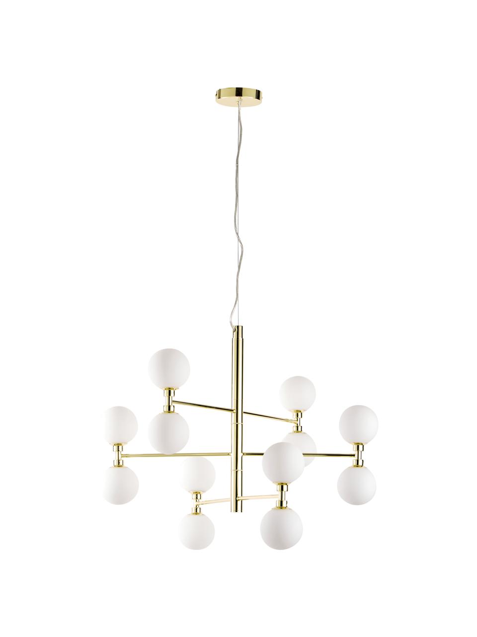 Veľká závesná lampa so sklenenými guľami Grover, Biela, odtiene zlatej, Ø 70 x V 56