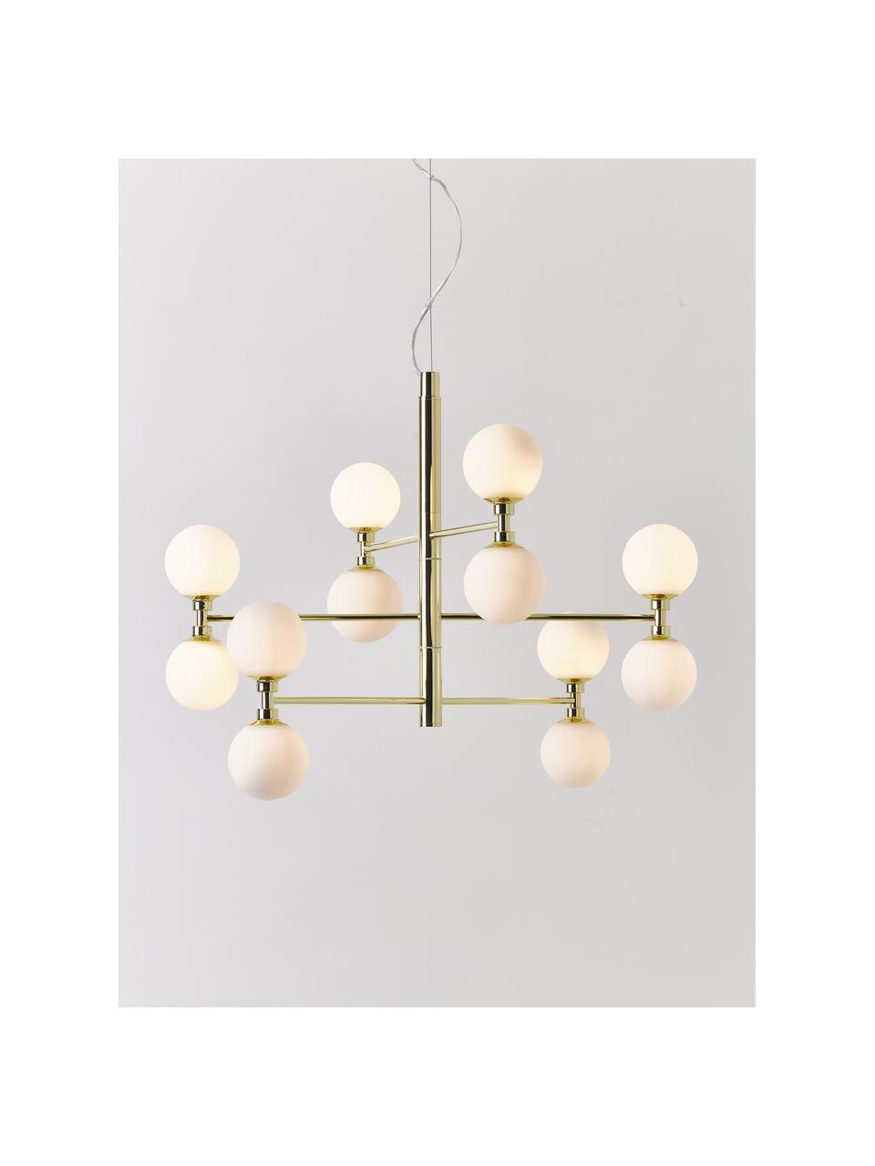 Lampada a sospensione grande con sfere in vetro opale Grover, Paralume: vetro opale, Bianco, dorato, Ø 70 x Alt. 56 cm