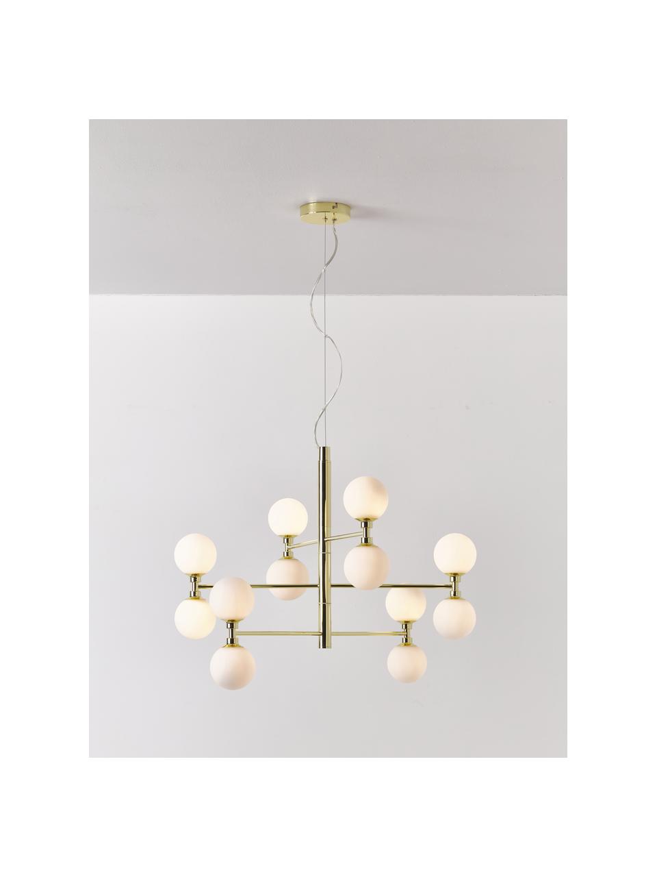 Lampada a sospensione grande con sfere in vetro opale Grover, Paralume: vetro opale, Bianco, dorato, Ø 70 x Alt. 56 cm