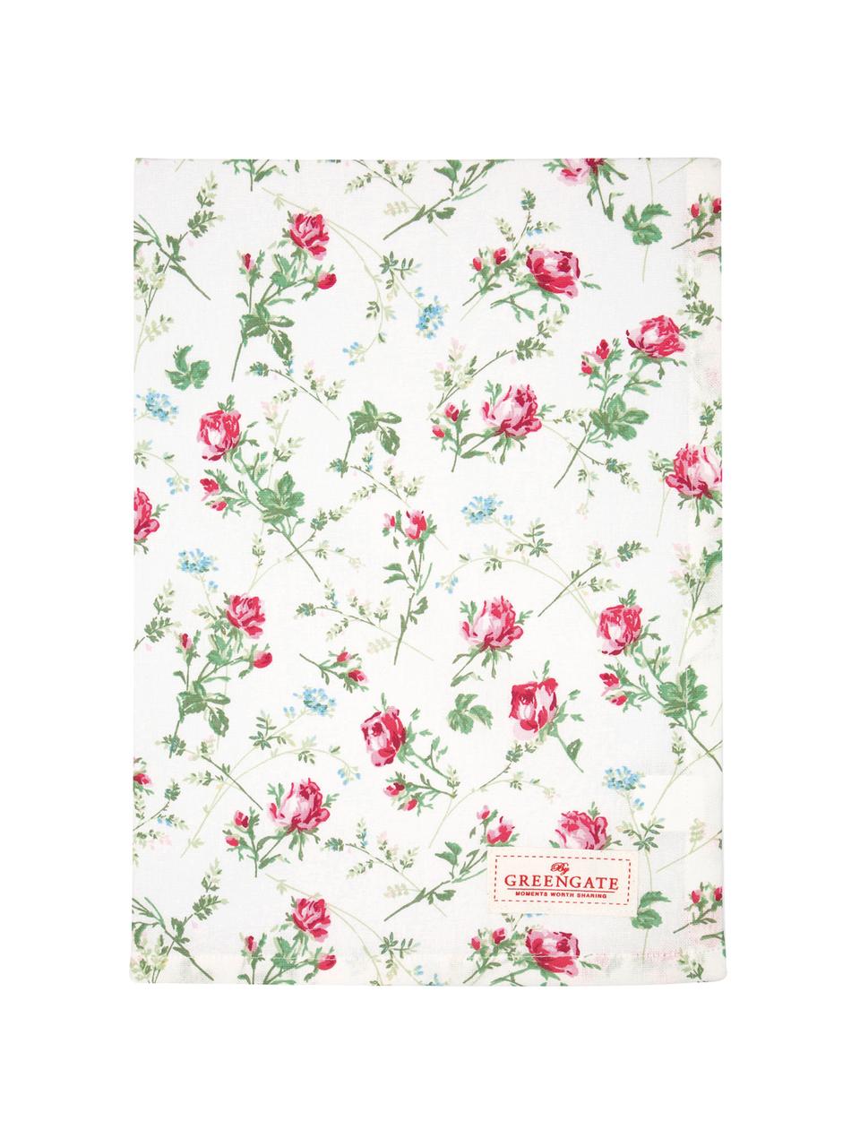 Strofinaccio in cotone con motivo a rose Constance, Cotone, Bianco, verde, rosa, Larg. 50 x Lung. 70 cm