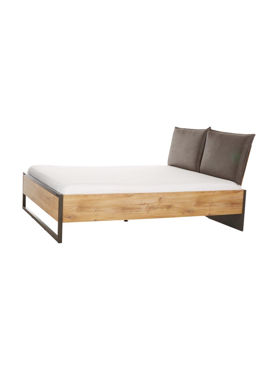 Houten bed Detroit in industrial design, Frame: MDF, Poten: gepoedercoat metaal, Eikenhoutkleurig, 160 x 200 cm