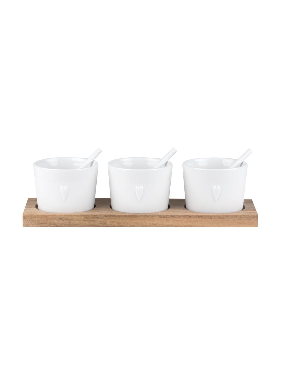 Ręcznie wykonany komplet miseczek z porcelany Heart, 7 elem., Biały, jasne drewno naturalne, S 22 x W 6 cm