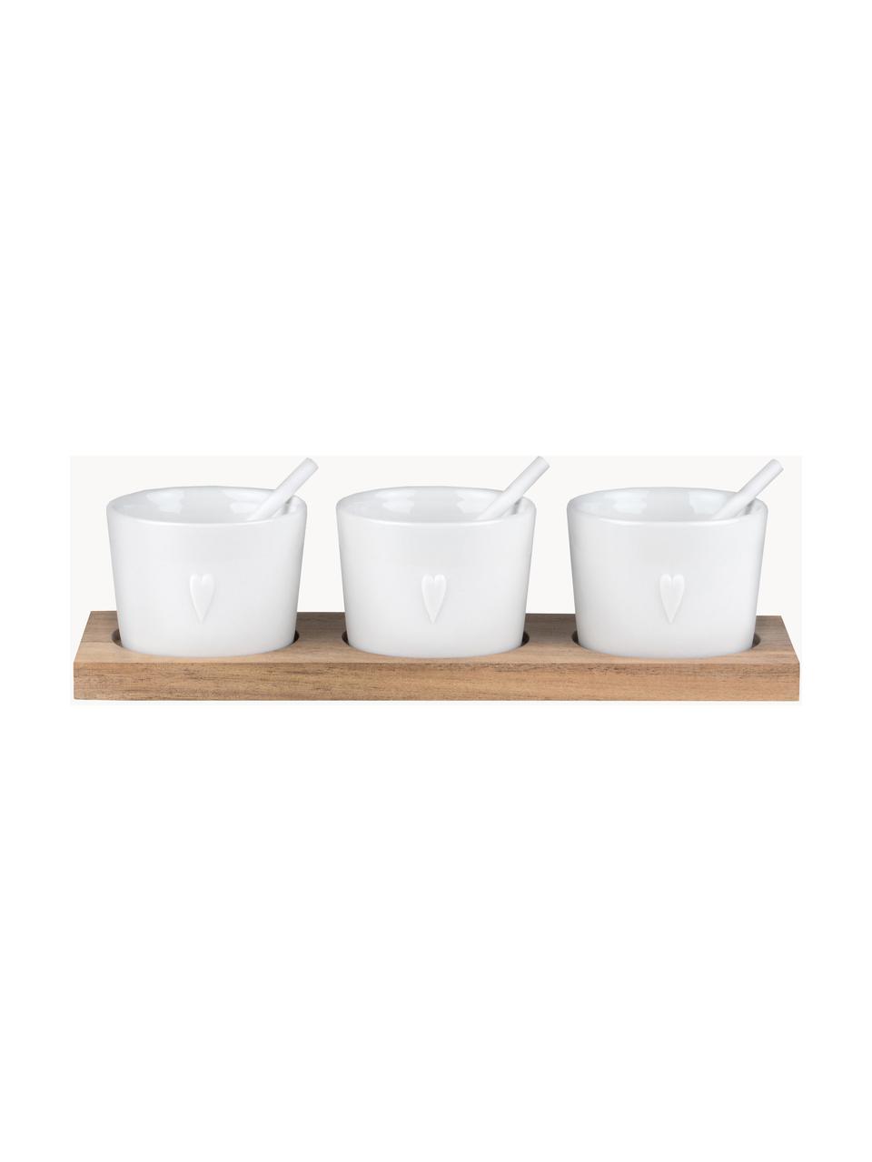 Handgemachtes Schälchen-Set Heart aus Porzellan, 7-tlg., Tablett: Holz, Weiß, Helles Holz, B 22 x H 6 cm