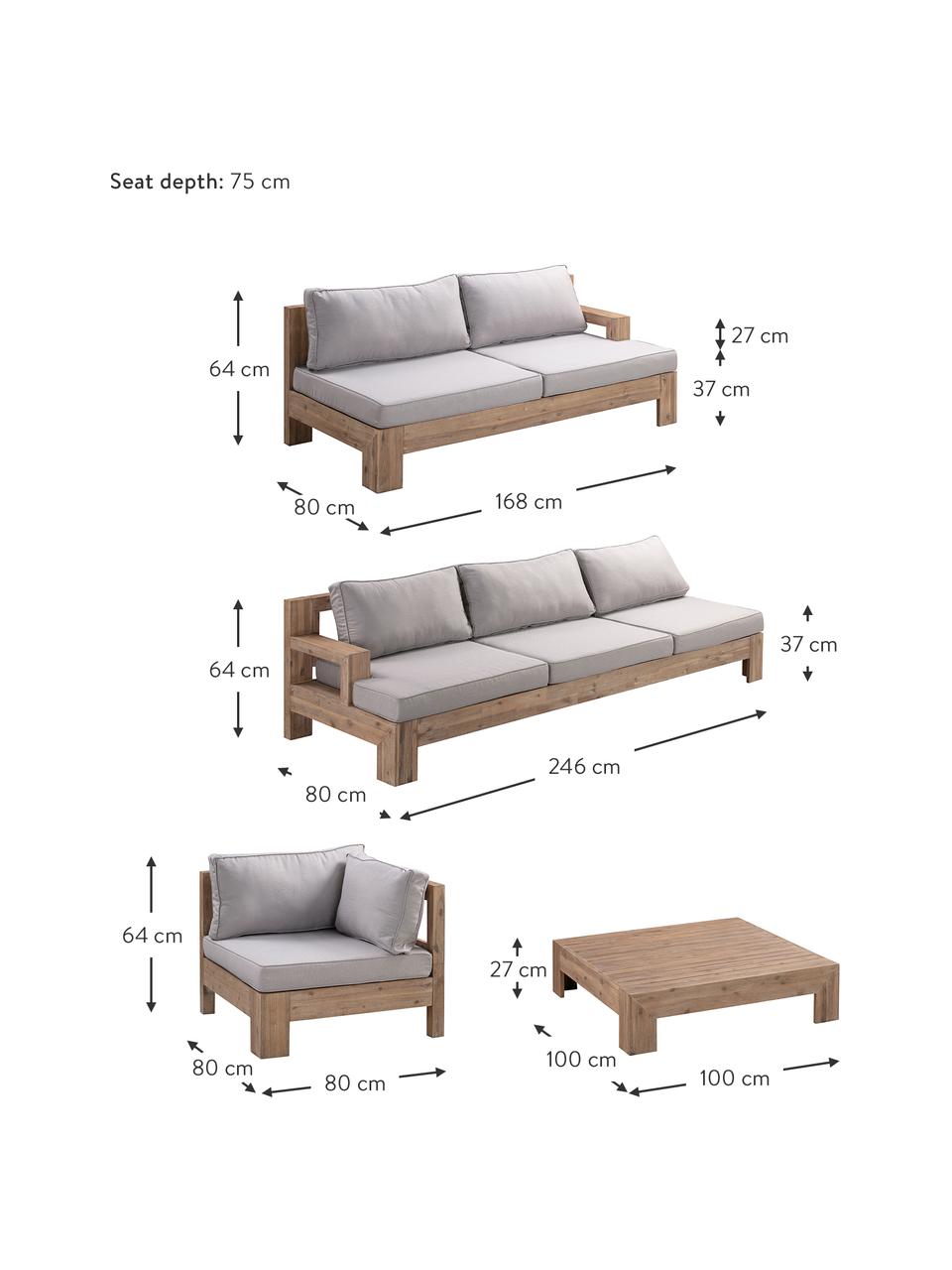 Set lounge para exterior de madera de acacia Joshua, 4 pzas., Tapizado: 100% poliéster (resistent, Estructura: madera de acacia maciza, Madera de acacia, gris, An 246 x F 80 cm