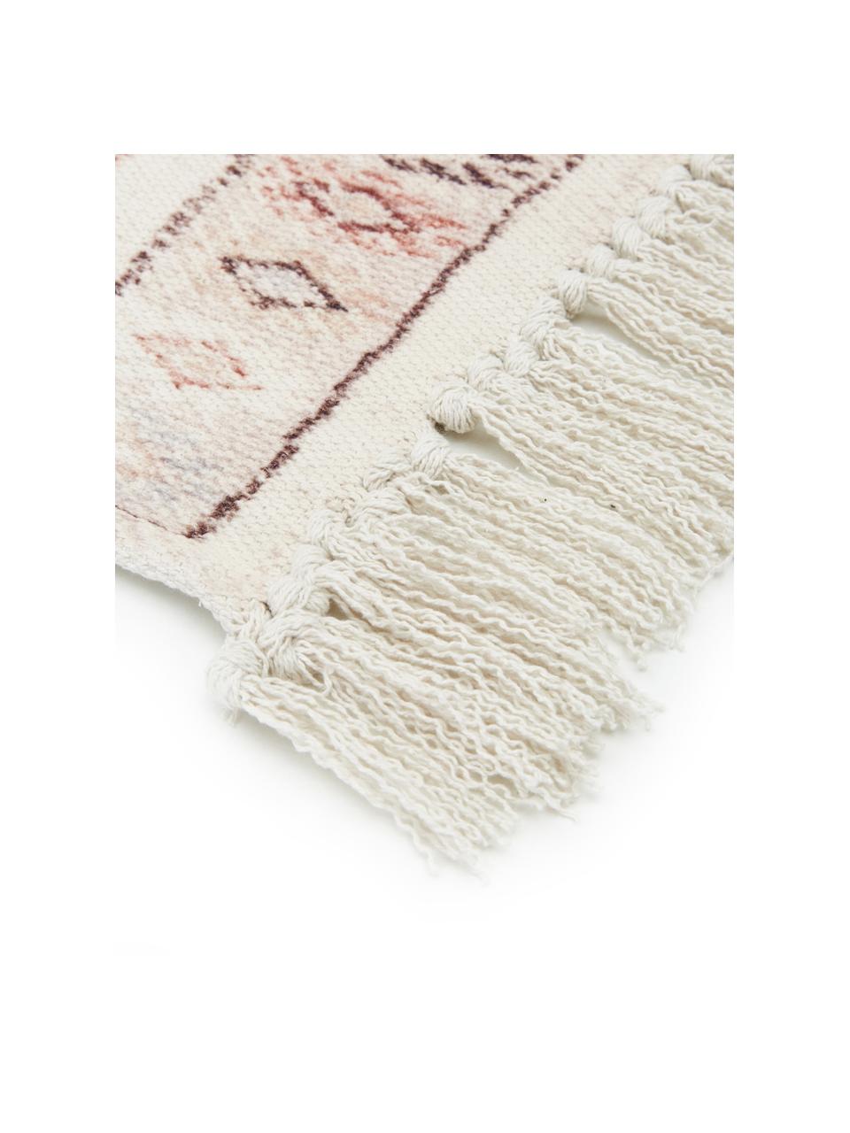 Tapis de couloir en coton avec franges Tanger, Couleur crème, terra cuite