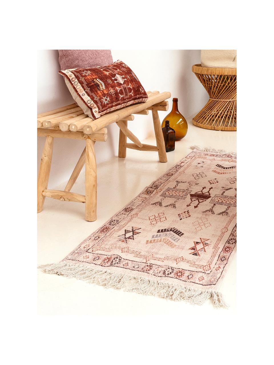 Runner in cotone con frange Tanger, 100% cotone, Color crema, terracotta, Larg. 60 x Lung. 190 cm