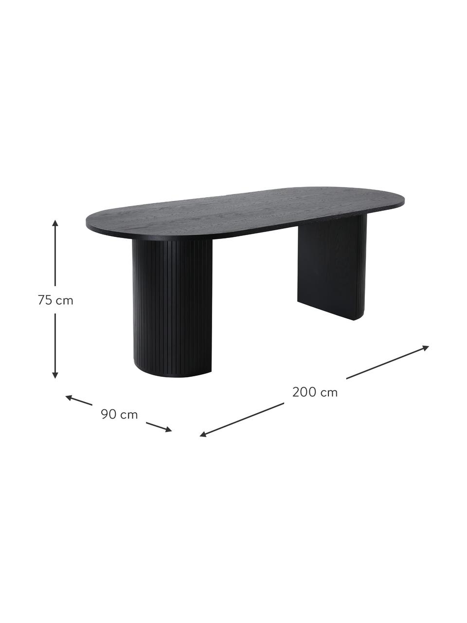 Ovale eettafel Bianca met eikenfineer, 200 x 90 cm, Tafelblad: MDF met gelakt eikenhoutf, Frame: trompetboomhout, gelakt, Zwart gelakt eikenhout, B 200 x D 90 cm