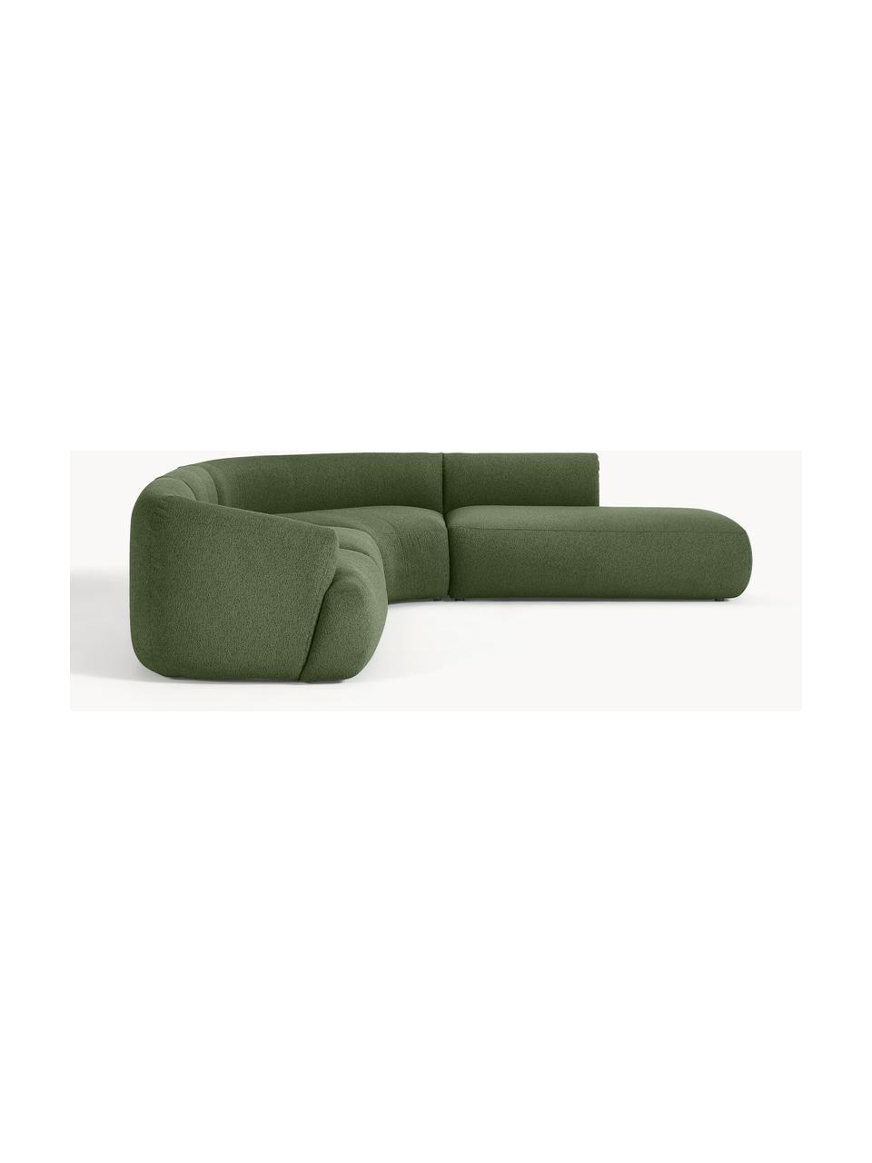 Modulares Bouclé-Ecksofa Sofia (4-Sitzer), Bezug: Bouclé (100 % Polyester) , Gestell: Fichtenholz, Spanplatte, , Füße: Kunststoff Dieses Produkt, Bouclé Dunkelgrün, B 319 x T 298 cm, Eckteil rechts