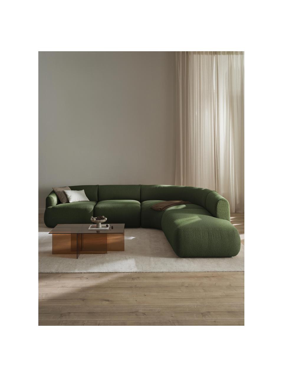 Narożna sofa modułowa bouclé Sofia (4-osobowa), Tapicerka: bouclé (100% poliester) D, Stelaż: drewno świerkowe z certyf, Nogi: tworzywo sztuczne, Ciemnozielony bouclé, S 318 x G 298 cm, prawostronna