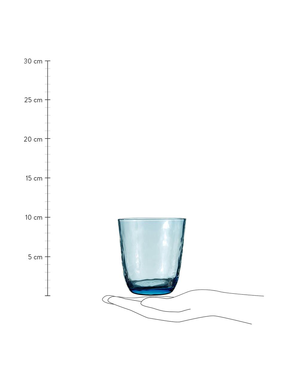 Mondgeblazen waterglazen Hammered, 4 stuks, Mondgeblazen glas, Blauw, transparant, Ø 9 x H 10 cm, 250 ml