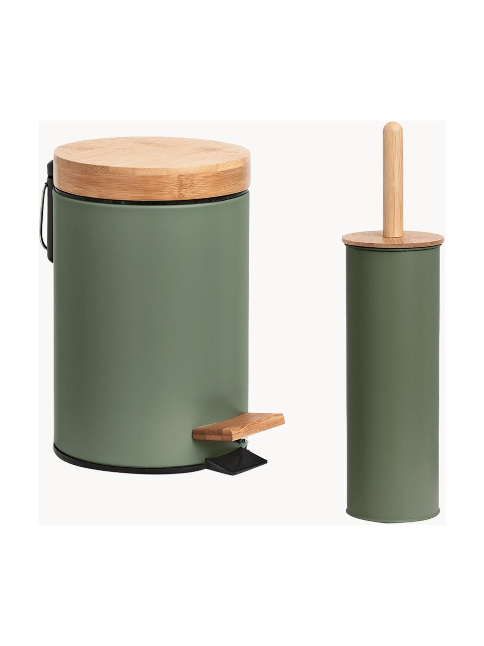 Scopino bagno Tallin, Contenitore: metallo rivestito, Coperchio: bambù, Verde salvia, legno chiaro, Ø 10 x Alt. 38 cm