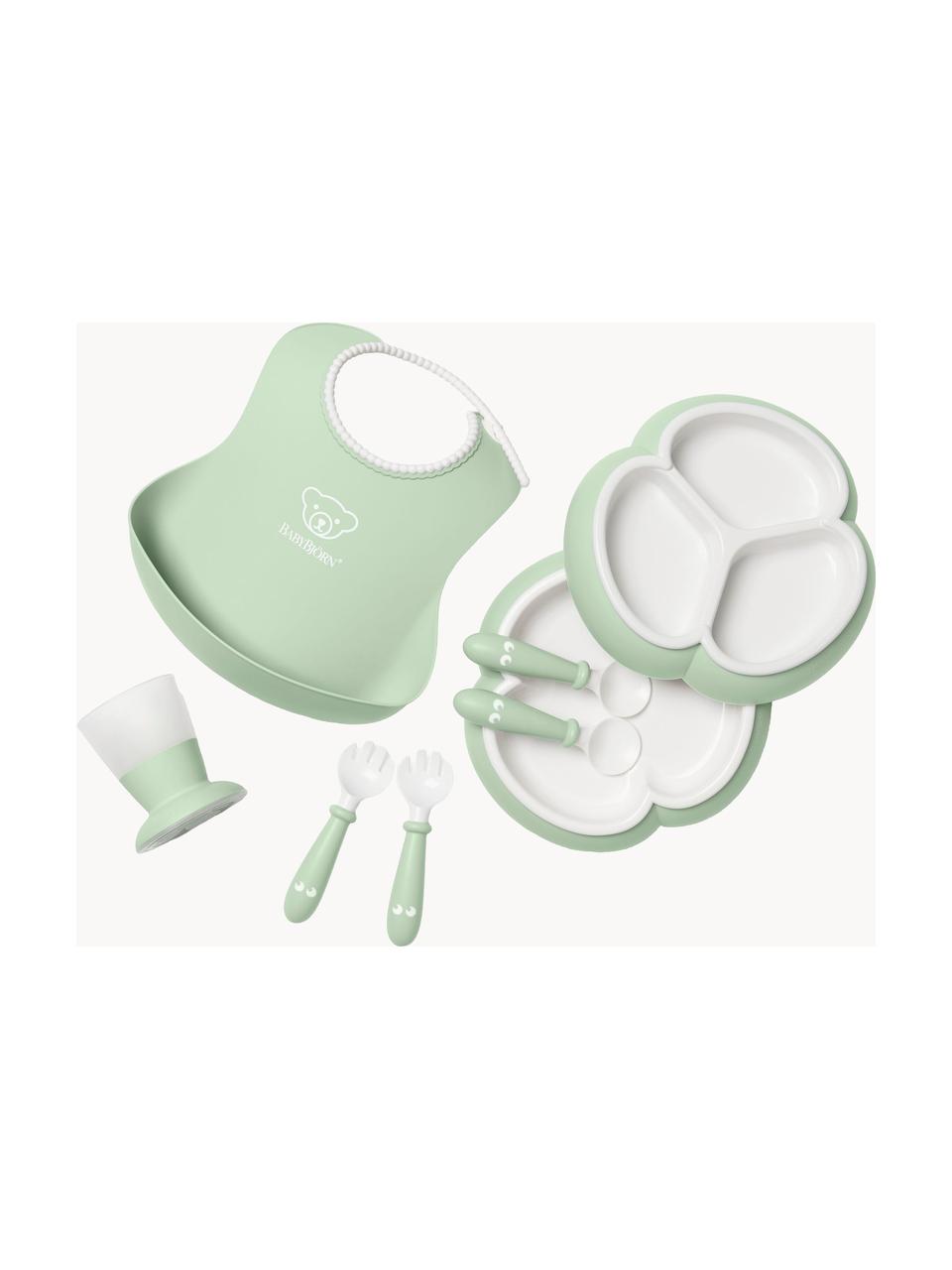 Set di 8 stoviglie per bambini con bavaglino Bliss, Plastica, Verde salvia, bianco, Larg. 17 x Alt. 13 cm