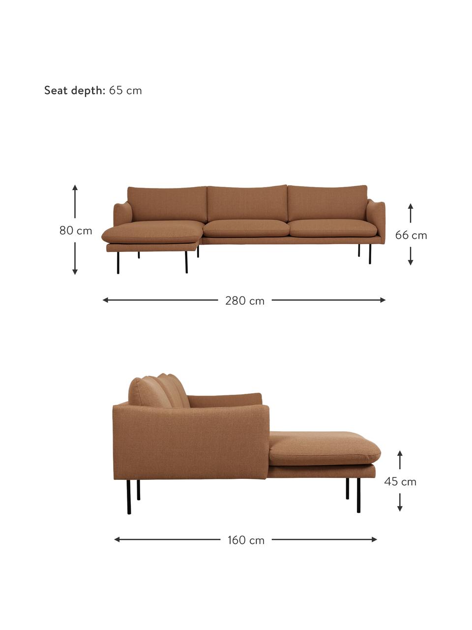 Sofa narożna Moby, Tapicerka: poliester Dzięki tkaninie, Stelaż: lite drewno sosnowe z cer, Nogi: metal malowany proszkowo, Brązowa tkanina, S 280 x G 160 cm, lewostronna