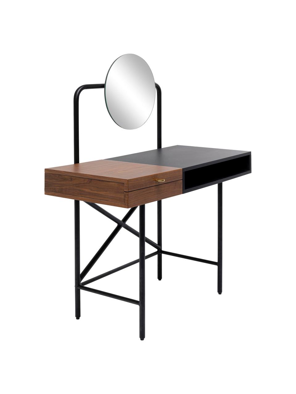 Toaletní stolek s úložným prostorem a zrcadlem v retro stylu Verity, černá, hnědá, zrcadlové sklo, zlatá, Š 102 cm, V 115 cm