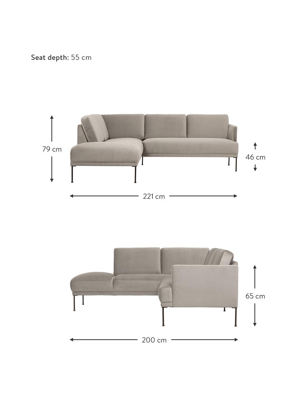 Sofá rinconera de terciopelo Fluente, Tapizado: terciopelo (poliéster de , Estructura: madera de pino maciza, Patas: metal con pintura en polv, Terciopelo beige, An 221 x F 200 cm, chaise longue izquierda