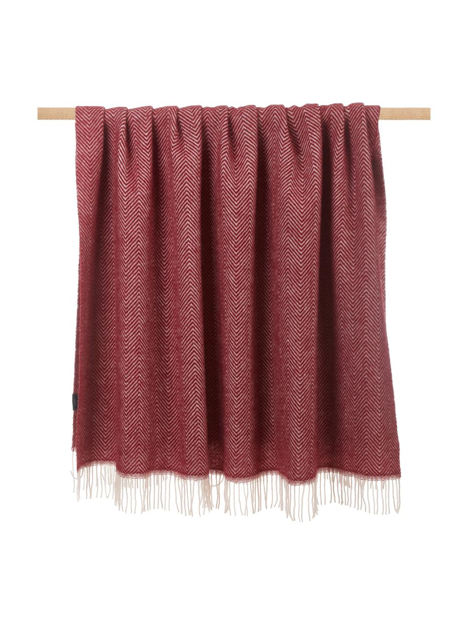 Couverture en laine avec motif à chevrons et franges Tirol-Mona, Rouge, larg. 140 x long. 200 cm