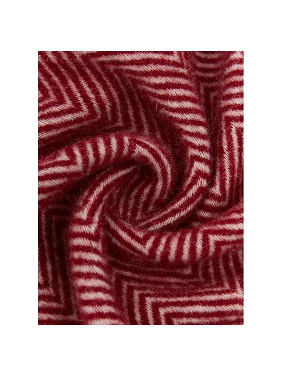 Wollen plaid Tirol-Mona met visgraatpatroon en franjes, Rood, B 140 x L 200 cm