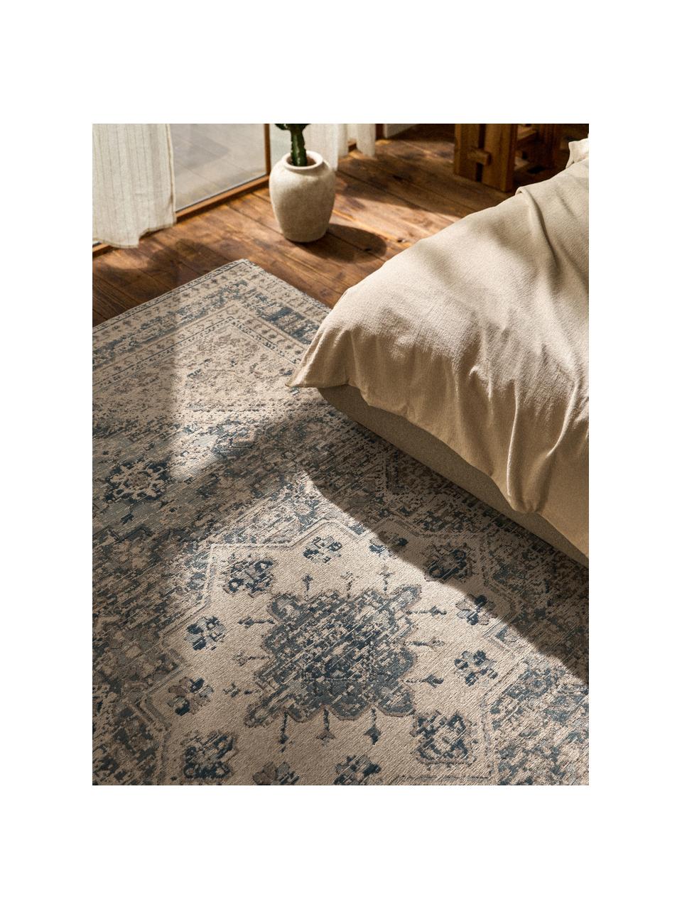 Tapis en chenille vintage Mahdi, 66 % polyester, 34 % laine (certifiée RWS), Bleu, beige, larg. 120 x long. 180 cm